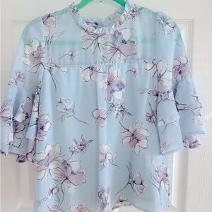 Floral Ruffle Sleeve Top - Blue and Lavender